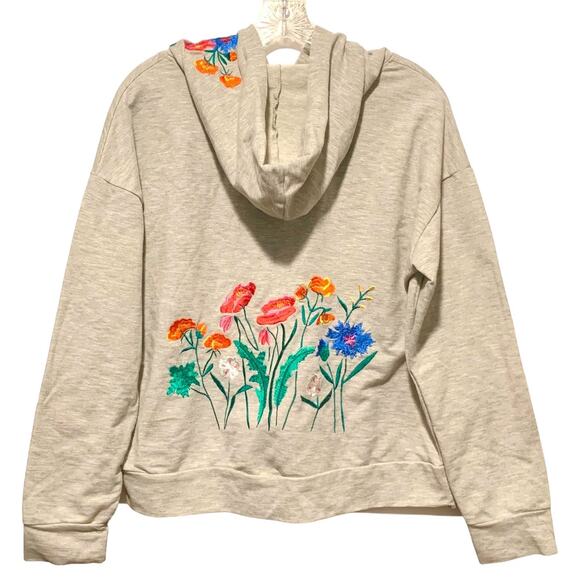 ALMOST FAMOUS Hoody Embroidered Wildflowers Cropped Boho Cottage Gray M L XL - Picture 1 of 7
